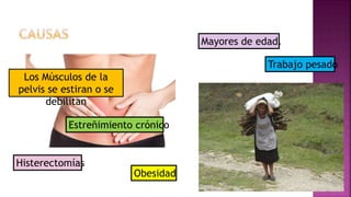 Los Músculos de la
pelvis se estiran o se
debilitan
Estreñimiento crónico
Trabajo pesado
Obesidad
Histerectomías
Mayores de edad.
 