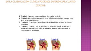  Grado I: Presenta hipermovilidad del cuello vesical.
 Grado II: Al realizar la maniobra de Valsalva se produce un descenso
vesical hasta el introito.
 Grado III: El prolapso vesical va más allá del introito con la misma
maniobra.
 Grado IV: En este caso el prolapso va más allá de los labios de la
vulva tanto en reposo como en Valsalva, siendo más llamativo al
realizar dicha maniobra.
 