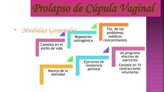 Cambios en el
estilo de vida
Reposición
estrogénica
Tto. de los
problemas
médicos
concomitantes
Prolapso de Cúpula Vaginal
Manejo de la
obesidad
Ejercicios de
resistencia
perineal
Un programa
efectivo de
ejercicios
Consiste en 15
contracciones
voluntarias
 