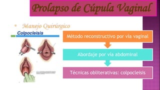 Técnicas obliterativas: colpocleisis
Abordaje por vía abdominal
Método reconstructivo por vía vaginal
Prolapso de Cúpula Vaginal
 