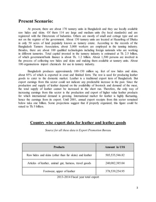 3 
Present Scenario: 
At present, there are about 170 tannery units in Bangladesh and they use locally available 
raw hides and skins. Of them 114 are large and medium units (by local standards) and are 
registered with the Directorate of Industries. Others are mostly of small and cottage type and are 
not on the register of the government. About 150 tannery units are located at Hazaribag of Dhaka 
in only 50 acres of land popularly known as tannery estate. According to the records of the 
Bangladesh Tanners Association, about 3,000 workers are employed in the tanning industry. 
Besides, there are about 100 qualified technologists including foreign nationals who are working 
in different tanneries. Total capital invested in the tannery industry is estimated at Tk 2.5 billion, 
of which government/bank finance is about Tk. 1.2 billion. About 1,500 persons are involved in 
the process of collecting raw hides and skins and making them available at tannery units. About 
100 organisations import chemicals for use in tannery industry. 
Bangladesh produces approximately 100-150 million sq. feet of raw hides and skins, 
about 85% of which is exported in crust and finished form. The rest is used for producing leather 
goods to cater to the domestic market. Leather is a traditional export item of Bangladesh. But 
export earnings from this sector could not indicate any predictable increase in the past. Since the 
production and supply of leather depend on the availability of livestock and demand of the meat, 
the total supply of leather cannot be increased in the short run. Therefore, the only way of 
increasing earnings from this sector is the production and export of higher value leather products 
for which international demand is growing. International market for leather is highly fluctuating, 
hence the earnings from its export. Until 2001, annual export receipts from this sector remained 
below taka one billion. Some projections suggest that if properly organized, this figure could be 
raised to Tk 5 billion. 
Country wise export data for leather and leather goods 
Source for all these data is Export Promotion Bureau 
Products Amount in US$ 
Raw hides and skins (other than fur skins) and leather 505,535,546.82 
Articles of leather, animal gut, harness, travel goods 240,082,385.04 
Footwear, upper of leather 378,539,254.95 
2013-2014 Fiscal year total export 
 