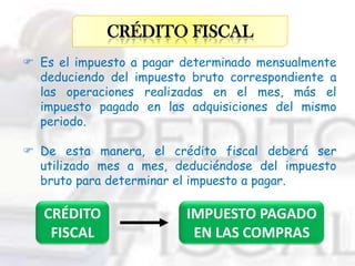 CRÉDITO FISCAL
 Es el impuesto a pagar determinado mensualmente
deduciendo del impuesto bruto correspondiente a
las operaciones realizadas en el mes, más el
impuesto pagado en las adquisiciones del mismo
periodo.
 De esta manera, el crédito fiscal deberá ser
utilizado mes a mes, deduciéndose del impuesto
bruto para determinar el impuesto a pagar.

CRÉDITO
FISCAL

IMPUESTO PAGADO
EN LAS COMPRAS

 