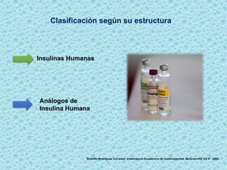 Clasificación según su estructura
Insulinas Humanas
Análogos de
Insulina Humana
Rodolfo Rodríguez Carranza. Vademécum Académico de medicamentos. McGraw-Hill. Ed 4°. 2005.
 