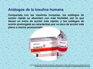 Análogos de la insulina humana
Comparada con las insulinas humanas, los análogos de
acción rápida se absorben con más facilidad, por lo que
tienen un inicio de acción más rápido, y los análogos de
acción prolongada se caracterizan por un pico de acción más
plano o menos pronunciado.
Judit Ciruelo Bermejo, Rosa Miranda Hidalgo, Alejandra García Ortiz. 2003. Fecha de acceso [30 de Enero del
2016]filehttp:///C:/Users/samantha/Downloads/SACYLITE%2005%201%20INSULINAS%20I.%20(1).pdf
 