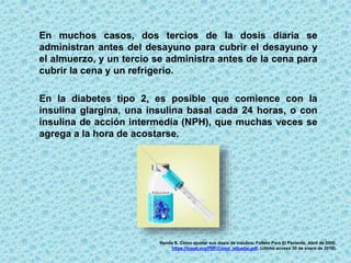 En muchos casos, dos tercios de la dosis diaria se
administran antes del desayuno para cubrir el desayuno y
el almuerzo, y un tercio se administra antes de la cena para
cubrir la cena y un refrigerio.
En la diabetes tipo 2, es posible que comience con la
insulina glargina, una insulina basal cada 24 horas, o con
insulina de acción intermedia (NPH), que muchas veces se
agrega a la hora de acostarse.
Renda S. Cómo ajustar sus dosis de insulina. Folleto Para El Paciente. Abril de 2006.
https://tcoyd.org/PDF/Como_adjustar.pdf. (último acceso 30 de enero de 2016).
 