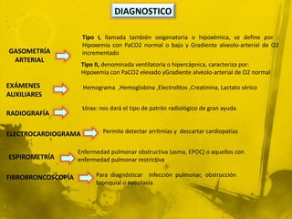 DIAGNOSTICO

                     Tipo I, llamada también oxigenatoria o hipoxémica, se define por :
                     Hipoxemia con PaCO2 normal o bajo y Gradiente alveolo-arterial de O2
GASOMETRÍA           incrementado
 ARTERIAL
                     Tipo II, denominada ventilatoria o hipercápnica, caracteriza por:
                     Hipoxemia con PaCO2 elevado yGradiente alvéolo-arterial de O2 normal

EXÁMENES             Hemograma ,Hemoglobina ,Electrolitos ,Creatinina, Lactato sérico
AUXILIARES
                     tórax: nos dará el tipo de patrón radiológico de gran ayuda
RADIOGRAFÍA

ELECTROCARDIOGRAMA          Permite detectar arritmias y descartar cardiopatías


                    Enfermedad pulmonar obstructiva (asma, EPOC) o aquellos con
ESPIROMETRÍA        enfermedad pulmonar restrictiva

FIBROBRONCOSCOPÍA         Para diagnósticar infección pulmonar, obstrucción
                          bronquial o neoplasia
 