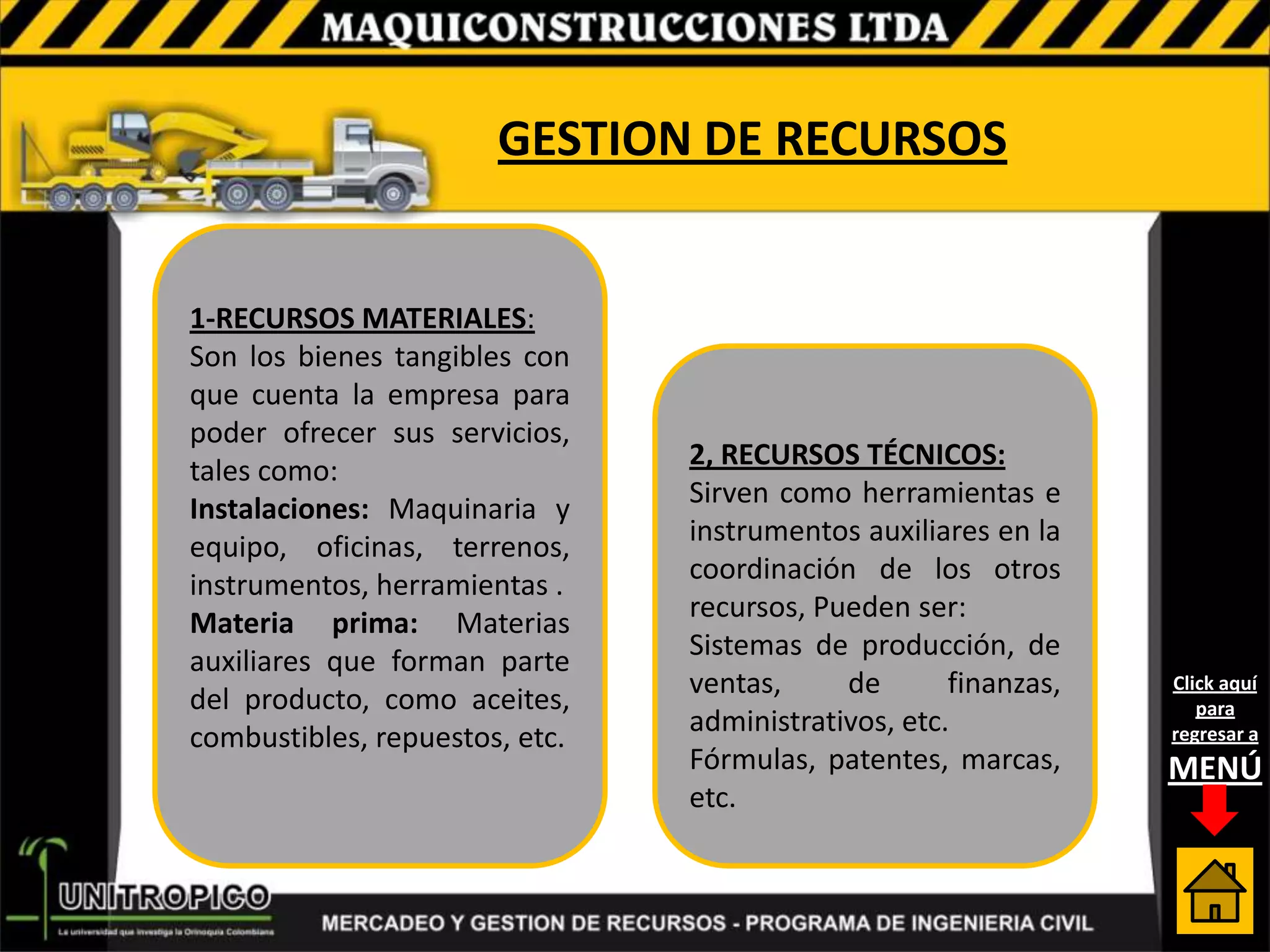 GESTION DE RECURSOS


1-RECURSOS MATERIALES:
Son los bienes tangibles con
que cuenta la empresa para
poder ofrecer sus servicios,
                                2, RECURSOS TÉCNICOS:
tales como:
                                Sirven como herramientas e
Instalaciones: Maquinaria y
                                instrumentos auxiliares en la
equipo, oficinas, terrenos,
                                coordinación de los otros
instrumentos, herramientas .
                                recursos, Pueden ser:
Materia prima: Materias
                                Sistemas de producción, de
auxiliares que forman parte
                                ventas,     de       finanzas,   Click aquí
del producto, como aceites,                                         para
                                administrativos, etc.
combustibles, repuestos, etc.                                    regresar a
                                Fórmulas, patentes, marcas,      MENÚ
                                etc.
 