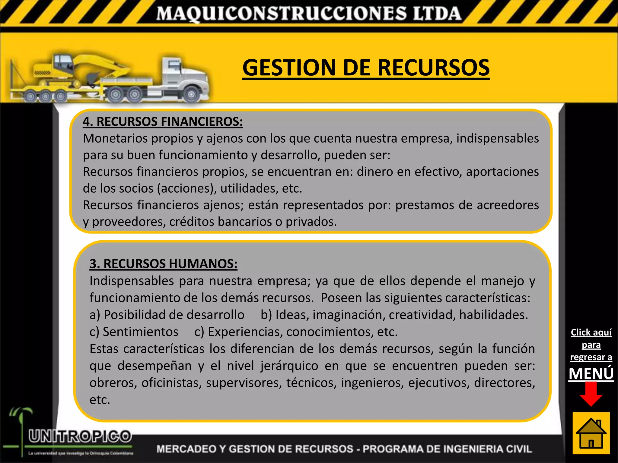 GESTION DE RECURSOS
4. RECURSOS FINANCIEROS:
Monetarios propios y ajenos con los que cuenta nuestra empresa, indispensables
para su buen funcionamiento y desarrollo, pueden ser:
Recursos financieros propios, se encuentran en: dinero en efectivo, aportaciones
de los socios (acciones), utilidades, etc.
Recursos financieros ajenos; están representados por: prestamos de acreedores
y proveedores, créditos bancarios o privados.


 3. RECURSOS HUMANOS:
 Indispensables para nuestra empresa; ya que de ellos depende el manejo y
 funcionamiento de los demás recursos. Poseen las siguientes características:
 a) Posibilidad de desarrollo b) Ideas, imaginación, creatividad, habilidades.
 c) Sentimientos c) Experiencias, conocimientos, etc.                                Click aquí
                                                                                        para
 Estas características los diferencian de los demás recursos, según la función
                                                                                     regresar a
 que desempeñan y el nivel jerárquico en que se encuentren pueden ser:
 obreros, oficinistas, supervisores, técnicos, ingenieros, ejecutivos, directores,
                                                                                     MENÚ
 etc.
 
