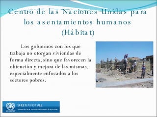 Centro de las Naciones Unidas para los asentamientos humanos (Hábitat) Los gobiernos con los que trabaja no otorgan viviendas de forma directa, sino que favorecen la obtención y mejora de las mismas, especialmente enfocados a los sectores pobres.