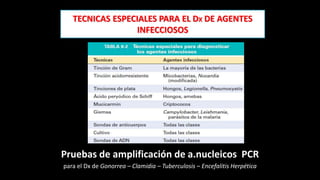 TECNICAS ESPECIALES PARA EL DX DE AGENTES
INFECCIOSOS
Pruebas de amplificación de a.nucleicos PCR
para el Dx de Gonorrea – Clamidia – Tuberculosis – Encefalitis Herpética
 
