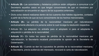 • Artículo 28.- Las autoridades y fedatarios públicos están obligados a comunicar a la
Secretaría aquellos casos en que tengan conocimiento de que un mexicano por
naturalización se encuentre en alguno de los supuestos anteriores.
• Dicho aviso deberá realizarse dentro de los cuarenta días hábiles siguientes, contados
a partir de la fecha de que se tuvo conocimiento de los hechos mencionados.
• Artículo 29.- La pérdida de la nacionalidad mexicana por naturalización
exclusivamente afectará a la persona sobre la cual recaiga la resolución respectiva.
• Artículo 30.- La adopción no entraña para el adoptado ni para el adoptante la
adquisición o pérdida de la nacionalidad.
• Artículo 31.- En todos los casos de pérdida de la nacionalidad mexicana por
naturalización, la Secretaría recabará previamente la opinión de la Secretaría de
Gobernación.
• Artículo 32.- Cuando se den los supuestos de pérdida de la nacionalidad mexicana,
la Secretaría, previa audiencia del interesado, revocará la carta de naturalización.
 