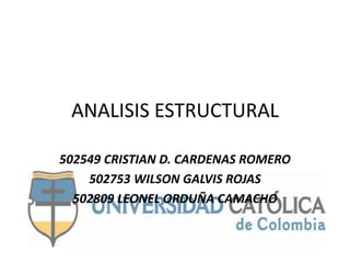 ANALISIS ESTRUCTURAL

502549 CRISTIAN D. CARDENAS ROMERO
    502753 WILSON GALVIS ROJAS
  502809 LEONEL ORDUÑA CAMACHO
 