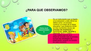 ¿PARA QUE OBSERVAMOS?
Es un instrumento que va ligado
a la evaluación y esta última se
define como “un proceso
continuo a lo largo de la etapa
educativa “que podemos dividir
en tres momentos claves del
proceso de enseñanza y
aprendizaje: antes, durante y
después, M.E.C. (1992).
Esto implica que se va a
observar durante todo el proceso,
aunque las estrategias de
observación variarán en función
de cada momento
PARA QUE
OBSERVAMO
S
 