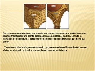 Por trompa, en arquitectura, se entiende a un elemento estructural sustentante que
permite transformar una planta octogonal en una cuadrada, es decir, permite la
transición de una cúpula al octógono y de ahí al espacio cuadrangular que tiene que
cubrir.
Tiene forma abocinada, como un abanico, y parece una bovedilla semi-cónica con el
vértice en el ángulo entre dos muros y la parte ancha hacia fuera.

 