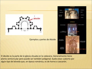 Ejemplos y partes de Abside

El ábside es la parte de la iglesia situada en la cabecera. Generalmente tiene
planta semicircular pero puede ser también poligonal. Suele estar cubierto por
algún tipo de bóveda que, en época románica, es de horno o cascarón.

 