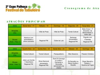 Cronograma de Atrações ATRAÇÕES PRINCIPAIS DIAS Sexta feira - 17 Sábado - 18 Domingo - 19 Segunda - 20 Terça feira - 21 Atrações (Dia) Vôlei de Praia Vôlei de Praia Tenda Cultural Moto Cross + 1º Encontro  de Motociclistas e clube Jipe Shows (Noite – Palco 1) Abertura com autoridades e show Leonardo Regional FM Clube da Luta Sertanejo Universitário Regional FM Pagode com 4 bandas Regional FM DIAS Quarta feira - 22 Quinta feira - 23 Sexta feira - 24 Sábado - 25 Domingo - 26 Atrações (Dia) Tenda Cultural Tenda Cultural Paraquedismo Bike Sessions Passeio Ciclístico Shows (Noite – Palco 1)) João Luiz Corrêa + Gauchesco Regional FM Show Nacional (aniversario Regional FM) Zezé Di Camargo e Luciano / Fernando e Sorocaba (aniversario da cidade) Zé Ramalho ou Maria Cecilia e Rodolfo César Menotti e Fabiano + Queima de Fogos 