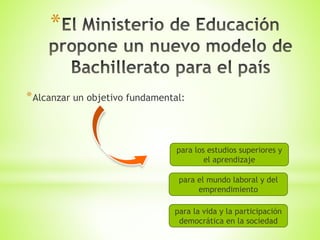 *
*Alcanzar un objetivo fundamental:
para los estudios superiores y
el aprendizaje
para el mundo laboral y del
emprendimiento
para la vida y la participación
democrática en la sociedad
 