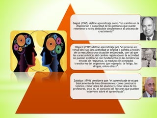 Gagné (1965) define aprendizaje como “un cambio en la
disposición o capacidad de las personas que puede
retenerse y no es atribuible simplemente al proceso de
crecimiento”
Hilgard (1979) define aprendizaje por “el proceso en
virtud del cual una actividad se origina o cambia a través
de la reacción a una situación encontrada, con tal que
las características del cambio registrado en la actividad
no puedan explicarse con fundamento en las tendencias
innatas de respuesta, la maduración o estados
transitorios del organismo (por ejemplo: la fatiga, las
drogas, entre otras)”.
Zabalza (1991) considera que “el aprendizaje se ocupa
básicamente de tres dimensiones: como constructo
teórico, como tarea del alumno y como tarea de los
profesores, esto es, el conjunto de factores que pueden
intervenir sobre el aprendizaje”.
 