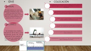  IZAJE
MANUAL
En este sistema se suben las
planchas mediante sogas. Para
tal fin las planchas serán
amarradas con soga en forma
de cruz, asegurándolas a los
extremos con un gancho.
MECÁNICO
Se emplean los medios
mecanicos de la obra, como
las plumas, gruas, etc. Por lo
general se usa cuando se
tiene que izar paquetes de
placas a diferentes alturas
 COLOCACIÓN
Las planchas se colocaran con los valles de menor dimensión
sobre las vigas a menos que se especifique lo contrario en
los planos.
Se empezara colocando la pestaña mayor, de la primera
plancha, en el extremo de la viga paralela a la misma para
que las demas pestañas calcen sobre las menores
El apoyo sobre las vigas terminales es de 5 cm, los cuales
quedan totalmente embebidos en la losa.
Los cortes de las planchas se podran hacer con esmeril , o
cualquier otro metodo pero que no deteriore las planchas.
En caso se requiera utilizar temporal, este se colara al centro de
la luz o a los tercios.
El apuntalamiento sera retirado a los 7 dias de vaciado el concreto o se
según se disponga en el diseño.
 