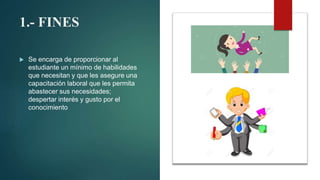 1.- FINES
 Se encarga de proporcionar al
estudiante un mínimo de habilidades
que necesitan y que les asegure una
capacitación laboral que les permita
abastecer sus necesidades;
despertar interés y gusto por el
conocimiento
 