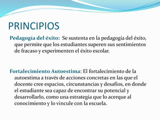 PRINCIPIOS
Pedagogía del éxito: Se sustenta en la pedagogía del éxito,
que permite que los estudiantes superen sus sentimientos
de fracaso y experimenten el éxito escolar.
Fortalecimiento Autoestima: El fortalecimiento de la
autoestima a través de acciones concretas en las que el
docente cree espacios, circunstancias y desafíos, en donde
el estudiante sea capaz de encontrar su potencial y
desarrollarlo, como una estrategia que lo acerque al
conocimiento y lo vincule con la escuela.
 