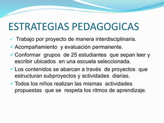 ESTRATEGIAS PEDAGOGICAS
 Trabajo por proyecto de manera interdisciplinaria.
 Acompañamiento y evaluación permanente.
 Conformar grupos de 25 estudiantes que sepan leer y
escribir ubicados en una escuela seleccionada.
 Los contenidos se abarcan a través de proyectos que
estructuran subproyectos y actividades diarias.
 Todos los niños realizan las mismas actividades
propuestas que se respeta los ritmos de aprendizaje.
 