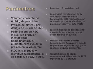 Parámetros Volumen corriente de 6ml/kg de peso ideal.Presión de plateau por debajo de 30 cm de H2O.PEEP 5-8 cm de H2O inicial, sin producir inestabilidad hemodinámica, ni aumento excesivo de la presión en la vía aérea.FIO2 inicial 100% y disminuir rápidamente, si es posible, a FIO2 <60%.Relación I: E, inicial normal.La principal complicación de la ventilación mecánica es el barotrauma, está relacionada con la presión pico en la vía aérea, la presión alveolar y el auto-PEEP. Las complicaciones derivadas del manejo de la vía aérea también deben tenerse en cuenta.Medidas de soporte Soporte hemodinámico Se requiere cuando se presentan signos de bajo gasto cardíaco, oliguria persistente,requerimientos de líquido superiores a 4 lt/24h, uso de PEEP mayor de 10-15 cm H2O