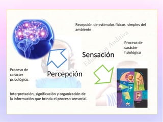 Sensación
Percepción
Proceso de
carácter
psicológico.
Proceso de
carácter
fisiológico
Interpretación, significación y organización de
la información que brinda el proceso sensorial.
Recepción de estímulos físicos simples del
ambiente
 