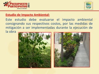 Estudio de Impacto Ambiental:
Este estudio debe evaluarse el impacto ambiental
consignando sus respectivos costos, por las medidas de
mitigación a ser implementadas durante la ejecución de
la obra
 