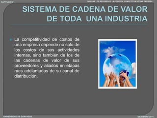 CAPITULO IV                                      EVALUAR LOS RECURSOS Y LA POSICION COMPETITIVA DE UNA EMPRESA




             La competitividad de costos de
              una empresa depende no solo de
              los costos de sus actividades
              internas, sino también de los de
              las cadenas de valor de sus
              proveedores y aliados en etapas
              mas adelantadas de su canal de
              distribución.




  UNIVERSIDAD DE GUAYAQUIL                                                                      DICIEMBRE 2011
 