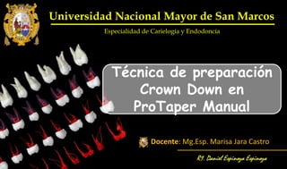 Universidad Nacional Mayor de San Marcos
Especialidad de Carielogía y Endodoncía
Técnica de preparación
Crown Down en
ProTaper Manual
Docente: Mg.Esp. Marisa Jara Castro
 