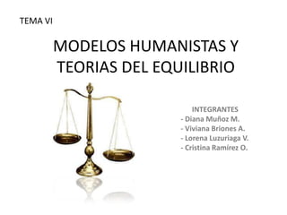 TEMA VI

          MODELOS HUMANISTAS Y
          TEORIAS DEL EQUILIBRIO

                             INTEGRANTES
                         - Diana Muñoz M.
                         - Viviana Briones A.
                         - Lorena Luzuriaga V.
                         - Cristina Ramírez O.
 