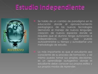Se habla de un cambio de paradigma en la educación donde el aprovechamiento pedagógico de las nuevas tecnologías demanda el manejo de nuevos lenguajes, creación de nuevos espacios donde se requiere que el alumno tenga autonomía e independencia, para que pueda autoadministrar su tiempo y autodiseñar una metodología de estudio. Lo más importante es que el estudiante sea consciente de su proceso de formación, y así mismo pueda tomar sus propias decisiones, es un aprendizaje autogestivo donde el estudiante debe conocer sus propios estilos y sus propios modos de Aprender. 