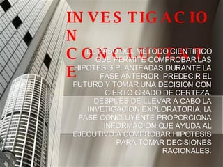 INVESTIGACION CONCLUYENTE EL PASO DEL METODO CIENTIFICO QUE PERMITE COMPROBAR LAS HIPOTESIS PLANTEADAS DURANTE LA FASE ANTERIOR, PREDECIR EL FUTURO Y TOMAR UNA DECISION CON CIERTO GRADO DE CERTEZA. DESPUES DE LLEVAR A CABO LA INVETIGACION EXPLORATORIA, LA FASE CONCLUYENTE PROPORCIONA INFORMACION QUE AYUDA AL EJECUTIVO A COMPROBAR HIPOTESIS PARA TOMAR DECISIONES RACIONALES. 