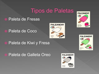  Paleta de Fresas
 Paleta de Coco
 Paleta de Kiwi y Fresa
 Paleta de Galleta Oreo
 