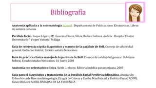 Bibliografía
Anatomía aplicada a la estomatología Ecimed . Departamento de Publicaciones Electrónicas. Libros
de autores cubanos
Parálisis facial. Luque López , Mª Guevara Flores, Silvia, Buforn Galiana, Andrés . Hospital Clinico
Universitario “ Virgen Victoria” Málaga
Guía de referencia rápida diagnóstico y manejo de la parálisis de Bell. Consejo de salubridad
general. Gobierno federal, Estados unidos Mexicanos
Guía de práctica clínica manejo de la parálisis de Bell. Consejo de salubridad general. Gobierno
federal, Estados unidos Mexicanos. 10 Enero 2004
Anatomía con orientación clínica. Keith L. Moore. Editorial médica panamericana. 2007
Guía para el diagnóstico y tratamiento de la Parálisis Facial Periférica Idiopática. Asociación
Colombiana de Otorrinolaringología, Cirugía de Cabeza y Cuello, Maxilofacial y Estética Facial, ACORL
Guías Oficiales ACORL BASADAS EN LA EVIDENCIA
 