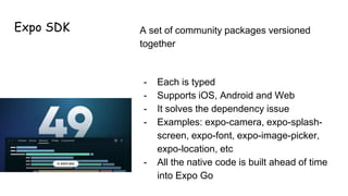 Expo SDK A set of community packages versioned
together
- Each is typed
- Supports iOS, Android and Web
- It solves the dependency issue
- Examples: expo-camera, expo-splash-
screen, expo-font, expo-image-picker,
expo-location, etc
- All the native code is built ahead of time
into Expo Go
 