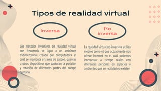 La realidad virtual no inversiva utiliza
medios como el que actualmente nos
ofrece Internet en el cual podemos
interactuar a tiempo reales con
diferentes personas en espacios y
ambientes que en realidad no existen
Los métodos inversivos de realidad virtual
con frecuencia se ligan a un ambiente
tridimensional creado por computadora el
cual se manipula a través de cascos, guantes
u otros dispositivos que capturan la posición
y rotación de diferentes partes del cuerpo
humano.
Tipos de realidad virtual
Inversa
No
inversa
 