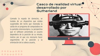 Casco de realidad virtual
desarrollado por
Sutherland
Llamado la espada de damocles, se
trataba de un dispositivo que estaba
suspendido del techo que mostraba la
salida de un programa de computadora en
la pantalla estereoscópica. La perspectiva
que el software presentaba al usuario
dependería de la posición de su mirada,
motivo por el que era necesario hacer
seguimiento de la posición y la
orientación de la cabeza usuario,
 