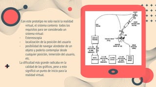 Con este prototipo no solo nació la realidad
virtual, el sistema contenía todos los
requisitos para ser considerado un
sistema virtual:
- Estereoscopia
- localización de la posición del usuario
- posibilidad de navegar alrededor de un
objeto y poderlo contemplar desde
cualquier posición, inmersión del usuario,
etc.
La dificultad más grande radicaba en la
calidad de los gráficos, pese a esto
significó un punto de inicio para la
realidad virtual.
 