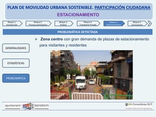 PLAN DE MOVILIDAD URBANA SOSTENIBLE. PARTICIPACIÓN CIUDADANA
ESTACIONAMIENTO
 Zona centro con gran demanda de plazas de estacionamiento
para visitantes y residentes
Bloque 1:
Introducción
Bloque 2:
Proceso participativo
Bloque 3:
Análisis
Bloque 4:
Transporte Privado
Bloque 6:
Conclusiones
Bloque 5:
Estacionamiento
GENERALIDADES
ESTADÍSTICAS
PROBLEMÁTICA
PROBLEMÁTICA DETECTADA
 