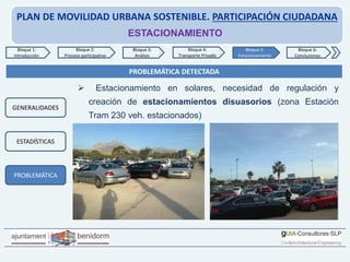 PLAN DE MOVILIDAD URBANA SOSTENIBLE. PARTICIPACIÓN CIUDADANA
ESTACIONAMIENTO
 Estacionamiento en solares, necesidad de regulación y
creación de estacionamientos disuasorios (zona Estación
Tram 230 veh. estacionados)
Bloque 1:
Introducción
Bloque 2:
Proceso participativo
Bloque 3:
Análisis
Bloque 4:
Transporte Privado
Bloque 6:
Conclusiones
Bloque 5:
Estacionamiento
GENERALIDADES
ESTADÍSTICAS
PROBLEMÁTICA
PROBLEMÁTICA DETECTADA
 