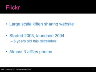 Flickr <ul><li>Large scale kitten sharing website </li></ul><ul><li>Started 2003, launched 2004 </li></ul><ul><ul><li>5 ye...