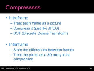 Compresssss <ul><li>Intraframe </li></ul><ul><ul><li>Treat each frame as a picture </li></ul></ul><ul><ul><li>Compress it ...