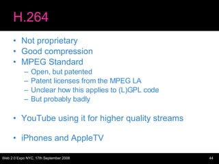 H.264 <ul><li>Not proprietary </li></ul><ul><li>Good compression </li></ul><ul><li>MPEG Standard </li></ul><ul><ul><li>Ope...