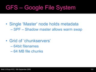 GFS – Google File System Single ‘Master’ node holds metadata SPF – Shadow master allows warm swap Grid of ‘chunkservers’ 64bit filenames 64 MB file chunks 