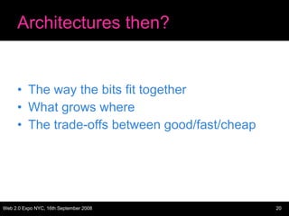Architectures then? The way the bits fit together What grows where The trade-offs between good/fast/cheap 