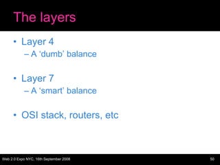 The layers Layer 4 A ‘dumb’ balance Layer 7 A ‘smart’ balance OSI stack, routers, etc 