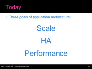 Today <ul><li>Three goals of application architecture: </li></ul><ul><li>Scale </li></ul><ul><li>HA </li></ul><ul><li>Perf...