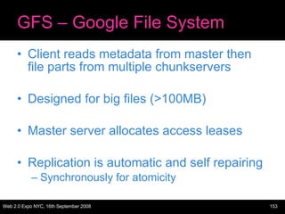 GFS – Google File System <ul><li>Client reads metadata from master then file parts from multiple chunkservers </li></ul><u...